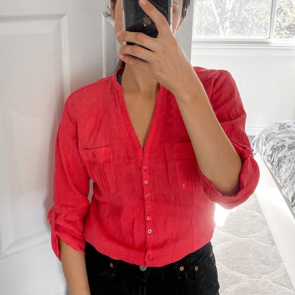 Natural Linen Button-Down Shirt in Pink, size XS - Picture 2 of 5